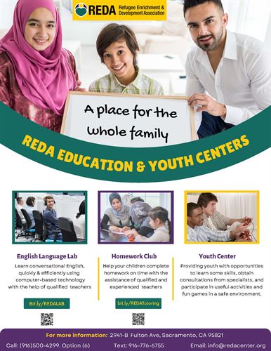 A flyer contains a women, a boy and a men at the top of the page holding to a middle size white board "A place for the whole family."  In the middle of the page has three pictures: a  telecommunication working space, a  women helping the family  filling out  document, and  two youth boys playing videogames, respectively. 